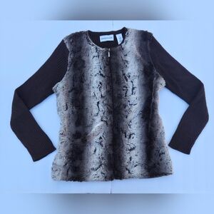 Alfred Dunner Faux Fur Front Zip Sweater Ribbed Knit Brown Small